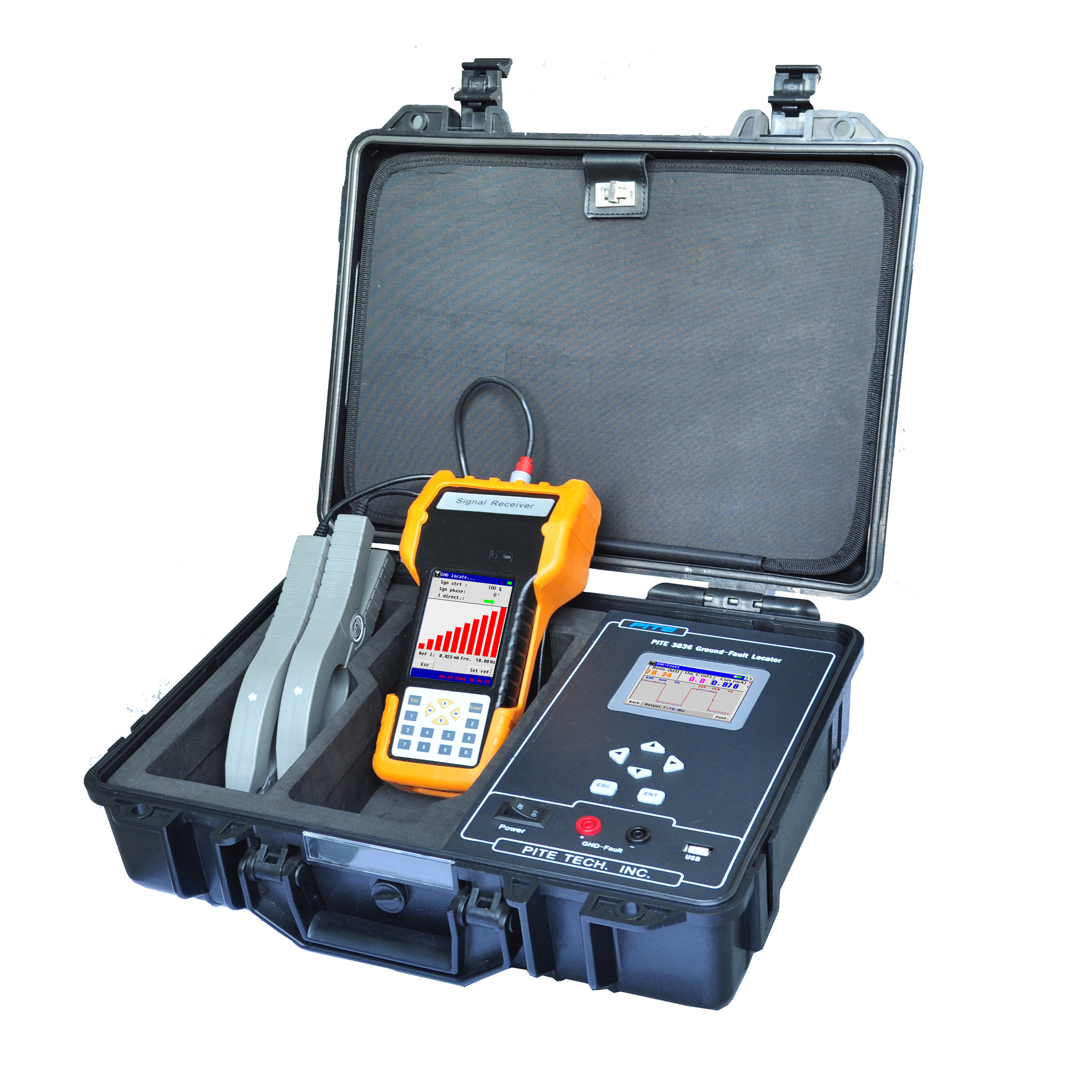 PITE3836 signal generator, signal receiver and current clamps in a protective carrying case