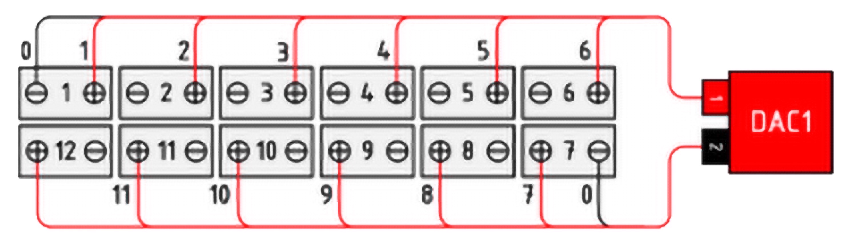 DAC wiring diagram for monitoring twelve 2V battery cells