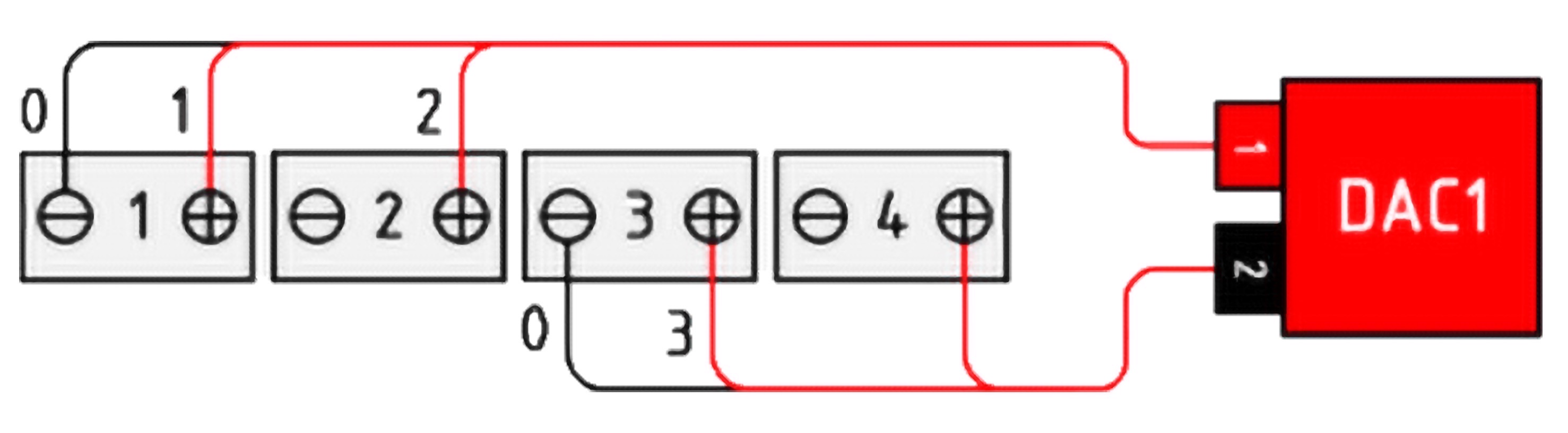 DAC wiring diagram for monitoring four 6V or 12V batteries